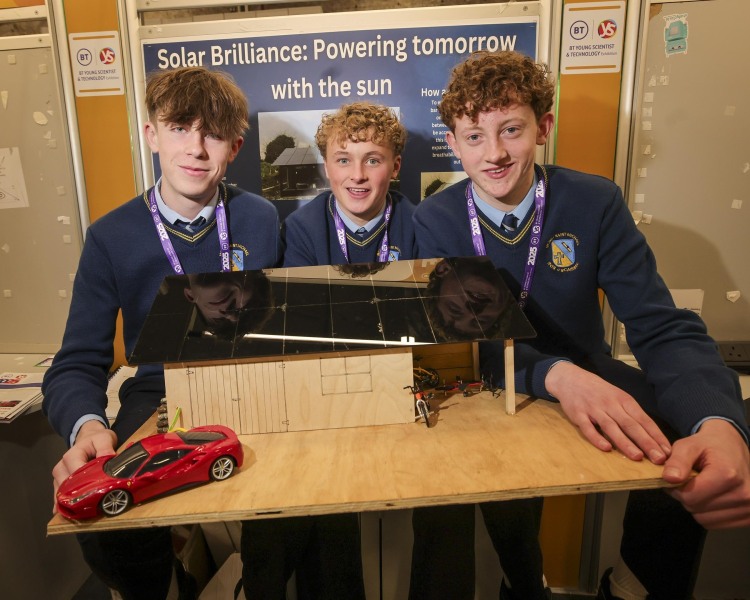 NEWS 08012025. NO FEE FOR REPRODUCTION
4525	
Oran O’Donovan, Joe Mc Carthy and Cathal O'Loghlin fromMount St Michael Cork with their project 'Solar brilliance: Powering tomorrow with the sun' at the 61st BT Young Scientist and Technology Exhibition in the RDS Dublin.  This year, BT Ireland celebrates 25 years as custodian of the Young Scientist & Technology Exhibition, which is one of the leading school science, technology, engineering, and mathematics (STEM) exhibitions in the world.	 
Photo Chris Bellew / Fennell Photography